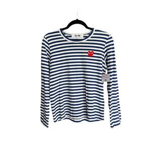 Comme Des Garcons Play Navy / White Long Sleeve Heart Logo Stripe Tee